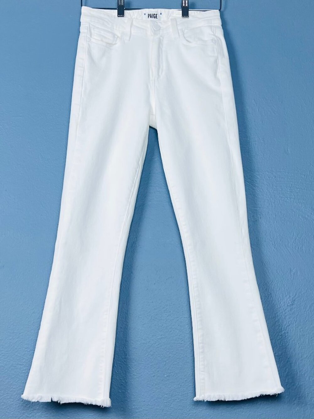 PAIGE Colette High Rise Crop Flare Jeans White Fringe Hem Size 26 | Like New